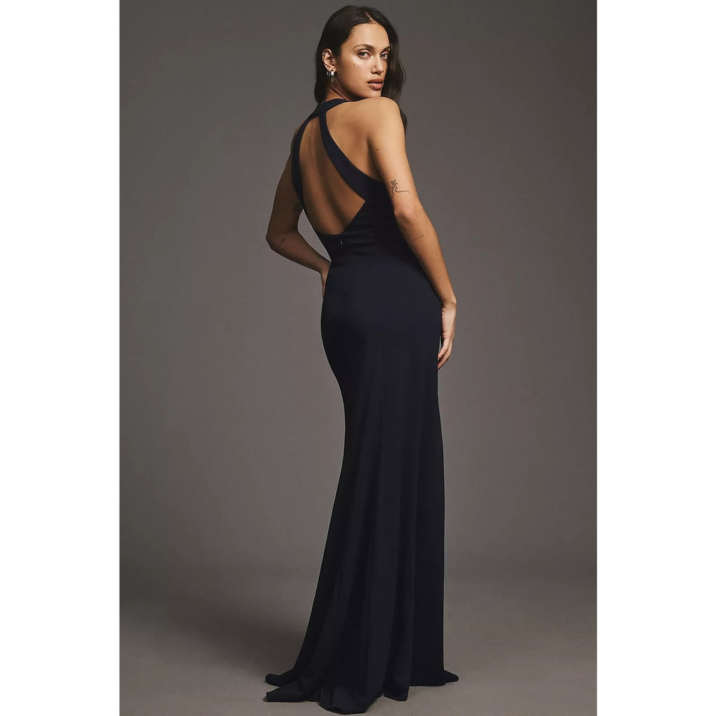 Anthropologie BHLDN Juliana High-Neck Side-Slit Stretch Crepe Maxi Dress S