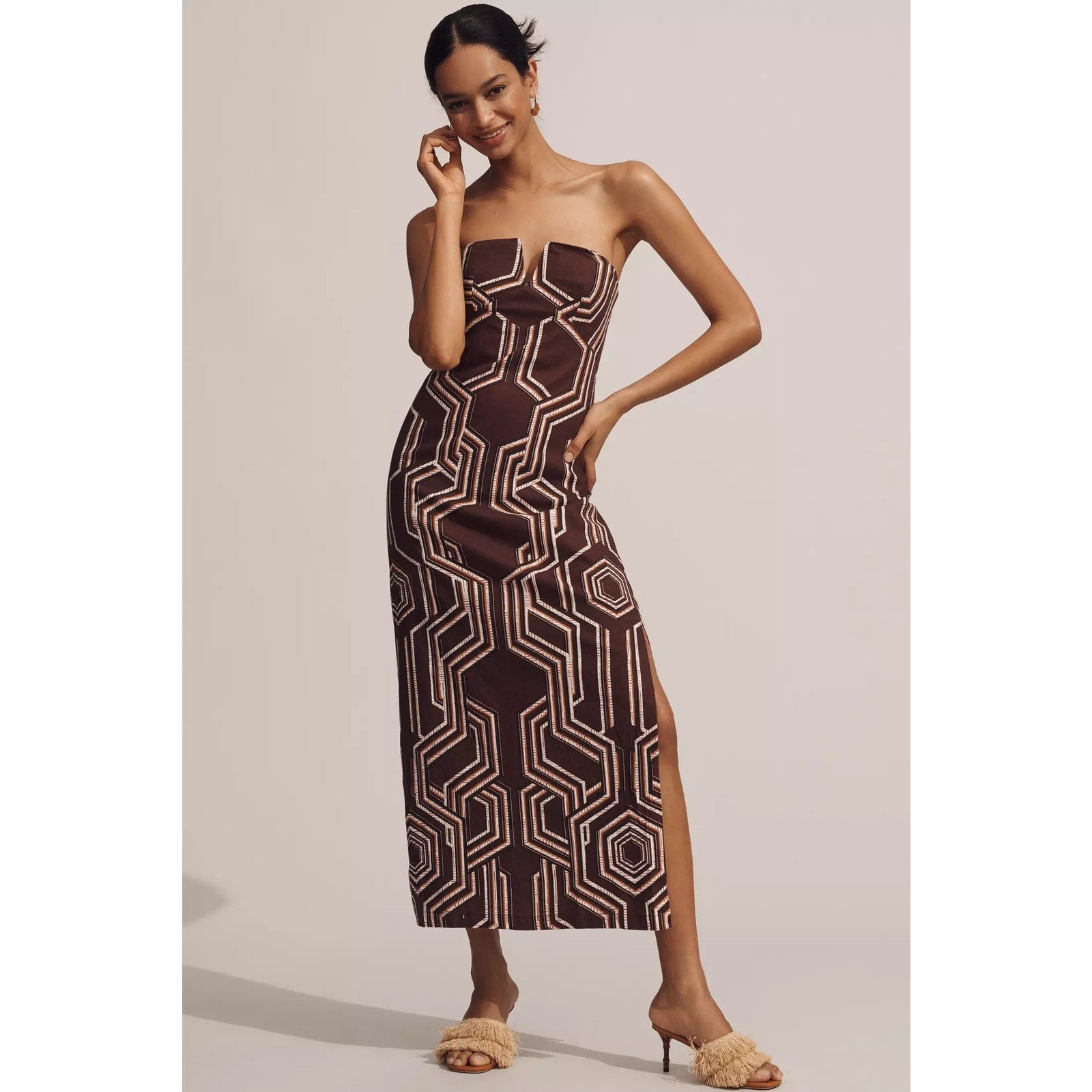 Anthropologie Strapless Linen Plunge-Neck Midi Dress $178 Size 16 Brown