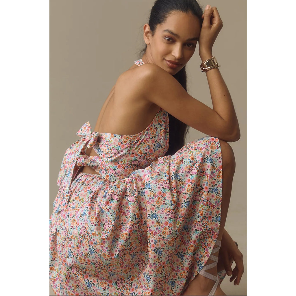 Anthropologie Atsu Halter Bow-Back A-Line Midi Dress $228 SMALL Pink