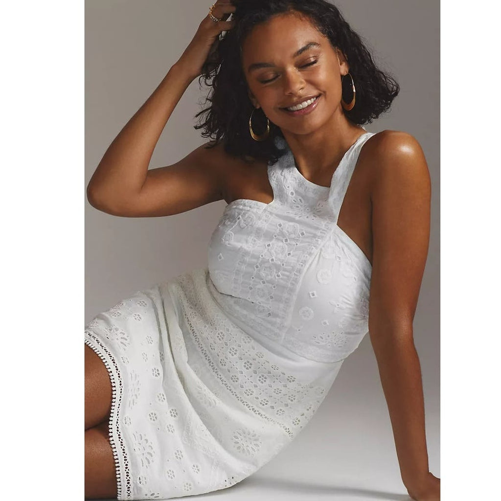 New Anthropologie Maeve Eyelet Halter Mini Dress $270 SIZE 2 White Cotton