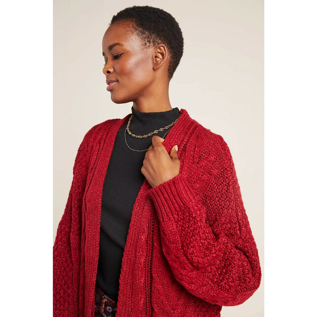 New Anthropologie Pepaloves Roberta Cable-Knit Cardigan in Wine $150 Medium