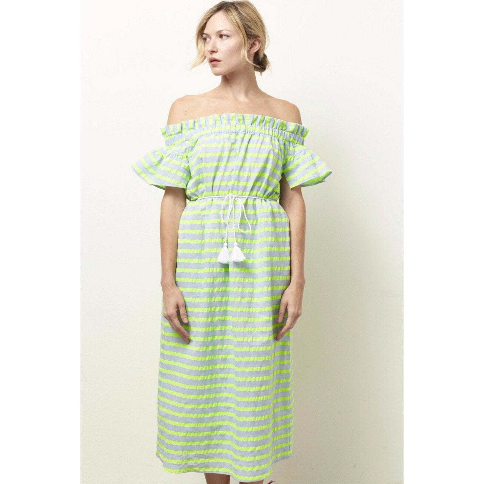 New Corey Lynn Calter Biata Off-The-Shoulder Midi Dress $178 SMALL Blue Lime