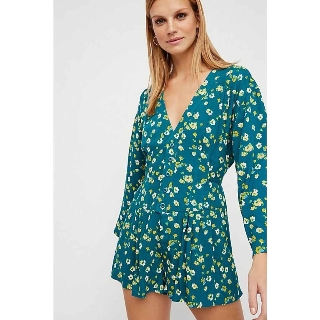 NEW Free People Lagoon Lamour Floral Romper $97 Sz 12 Boho Adjustable Waist