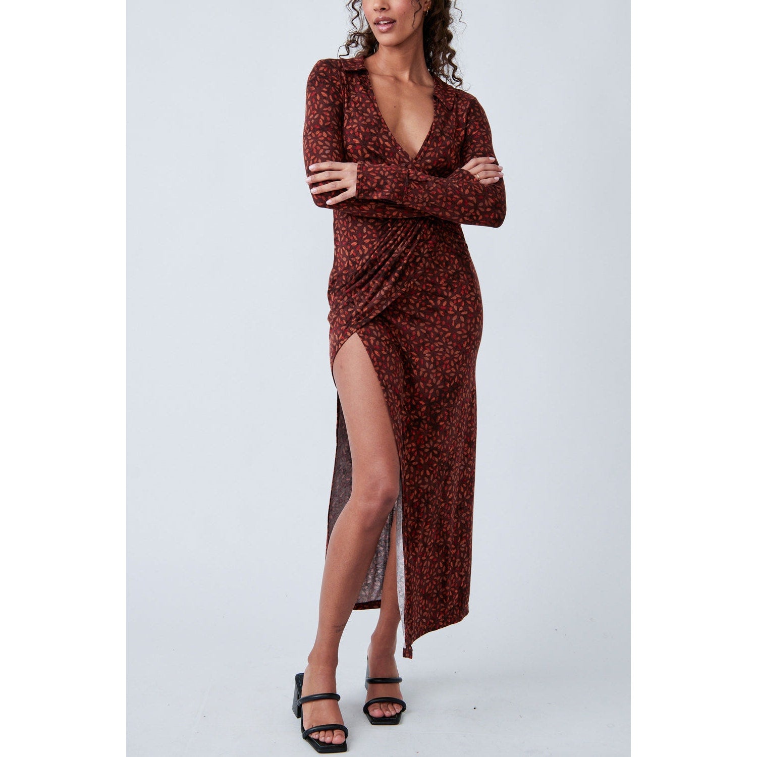 New Free People Shayla Faux Wrap Midi Dress $128 SMALL Long Sleeve