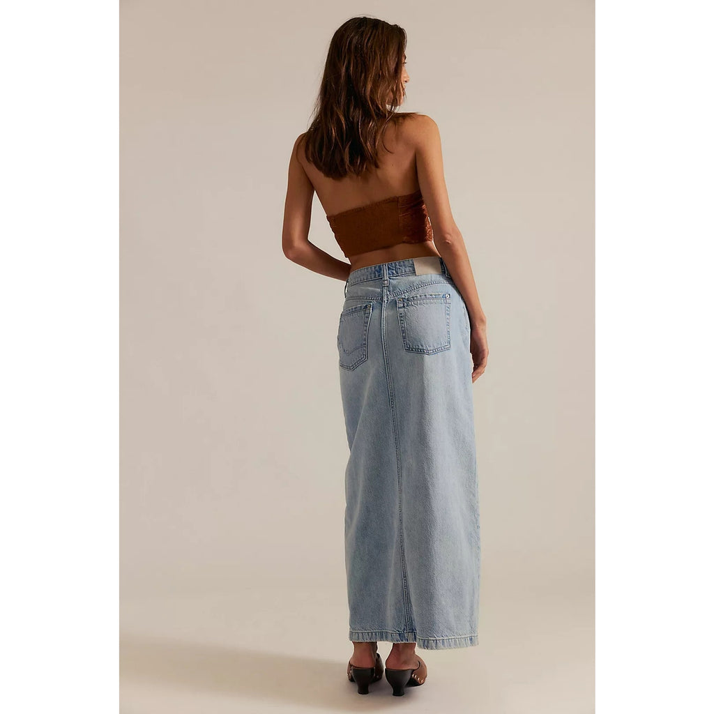 FREE PEOPLE We The Free Nothing Better Denim Maxi Skirt SZ 26 Ocean Free People