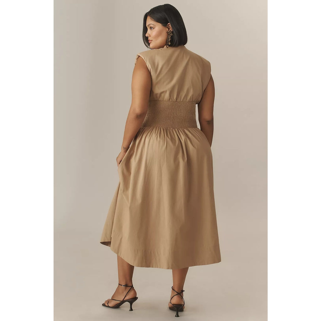 ANTHROPOLOGIE The Tommie Zip-Front Plunging Midi Dress PLUS 1X Neutral Anthropologie