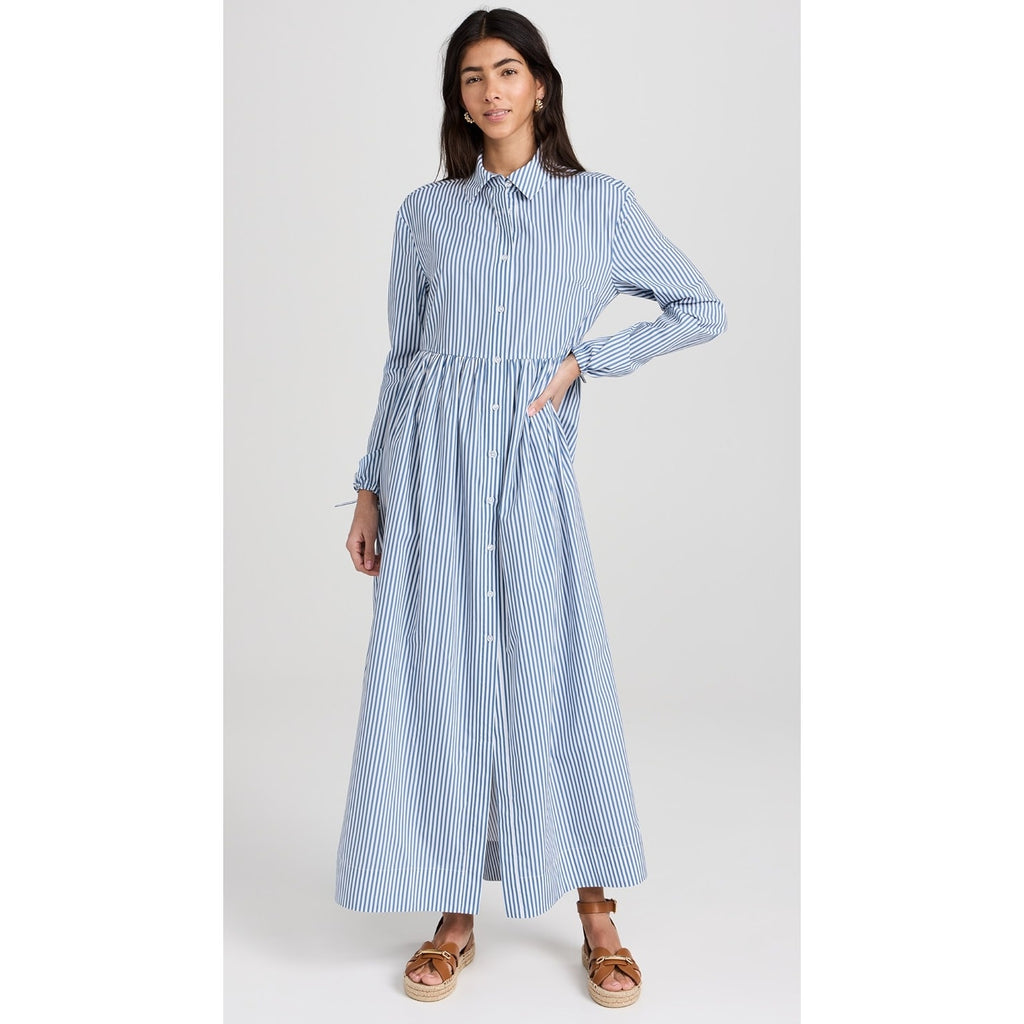 New ONIA Beach Stripe Poplin Maxi Shirtdress $285 LARGE Blue/White BUTTON-FRONT