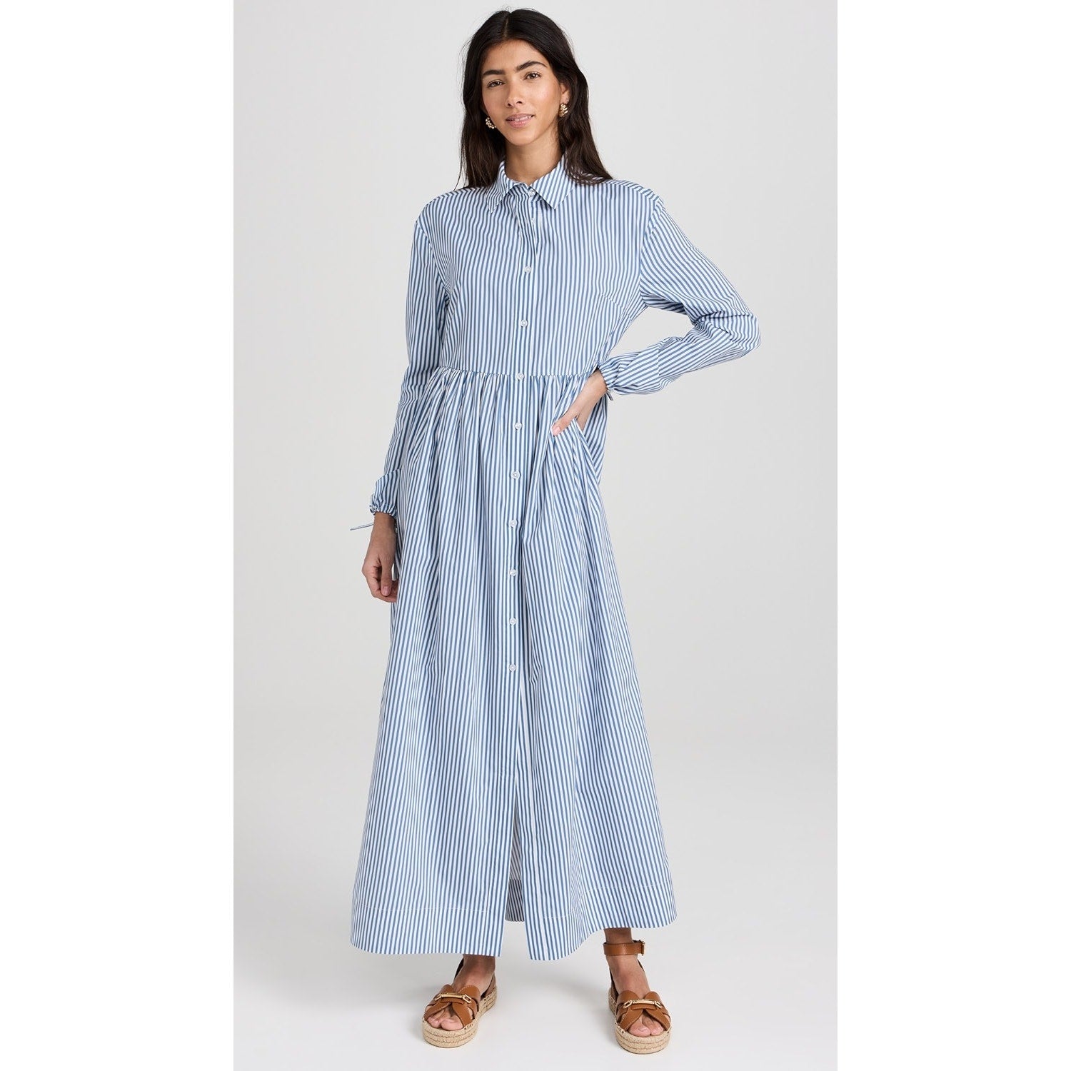 New ONIA Beach Stripe Poplin Maxi Shirtdress $285 LARGE Blue/White BUTTON-FRONT