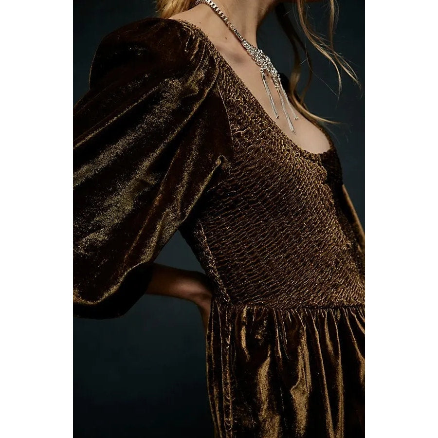 Free People Farrier Velvet Mini Dress X-SMALL Brown SMOCKED Free People