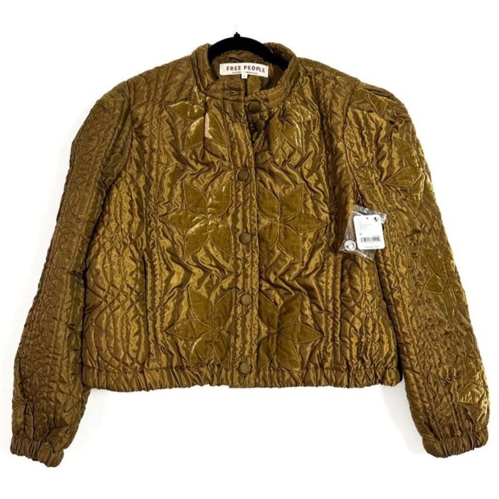New FREE PEOPLE Quinn Quilted Crop Jacket $198 LARGE Bronze/Brown Patching