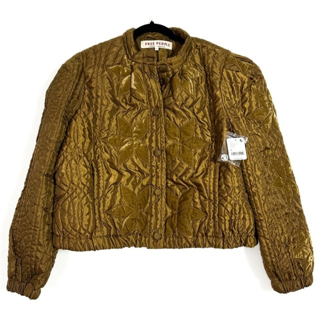 New FREE PEOPLE Quinn Quilted Crop Jacket $198 LARGE Bronze/Brown Patching