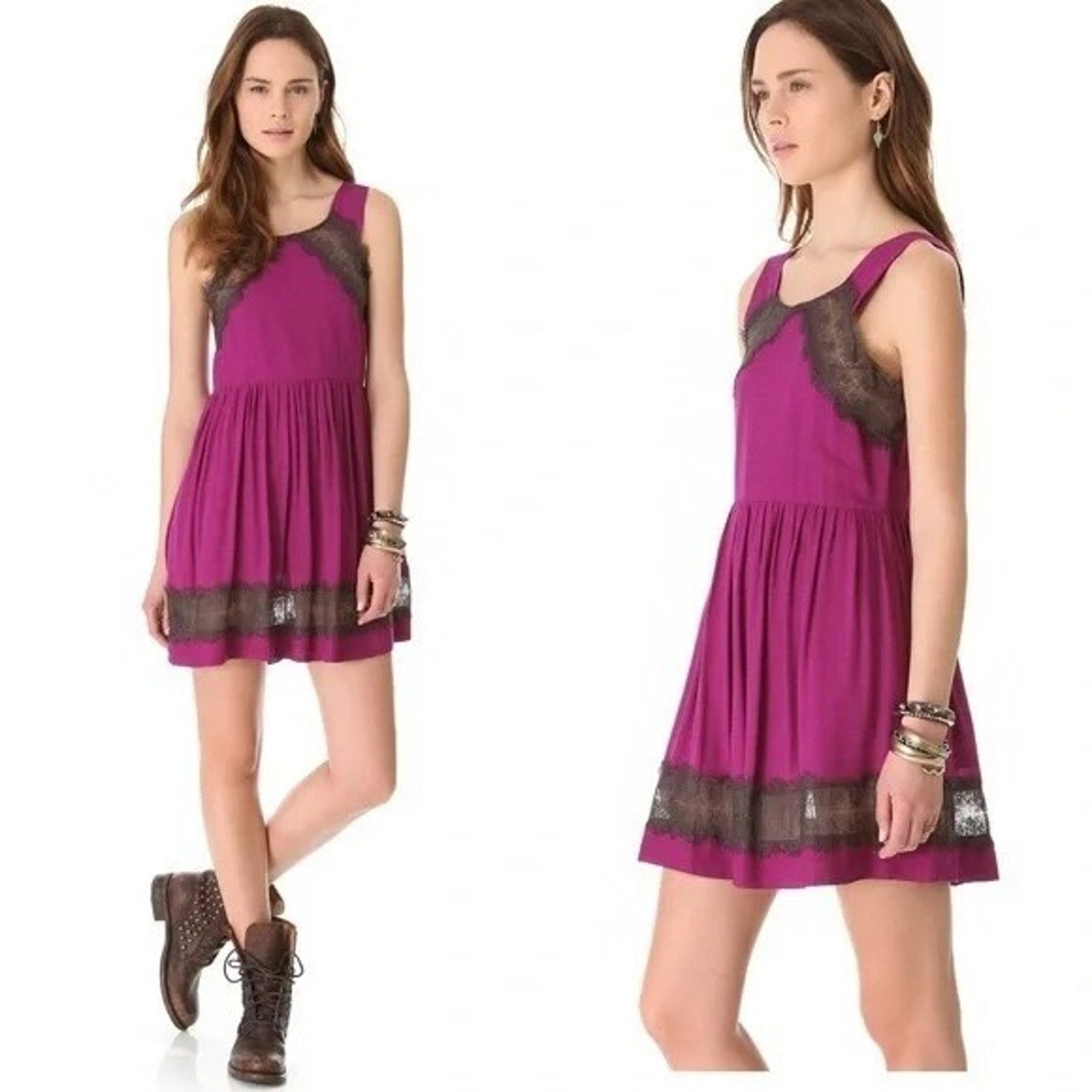 New Free People Georgia Lace Flare Party Slip Style Mini Dress Size 0 $98 Purple