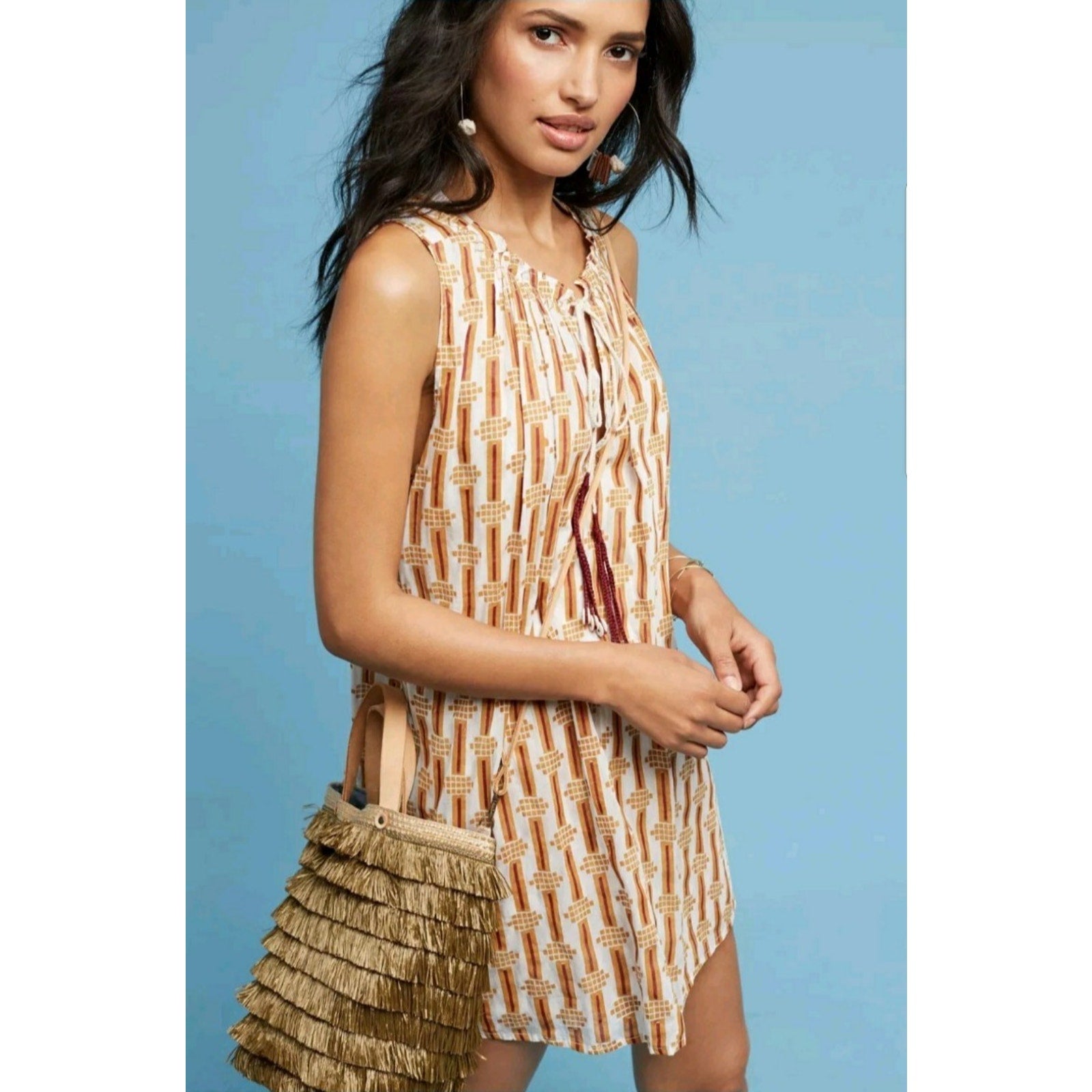 Anthropologie Shrita Tunic Dress by Kopal MAIZE/BROWN Retail $148 XS