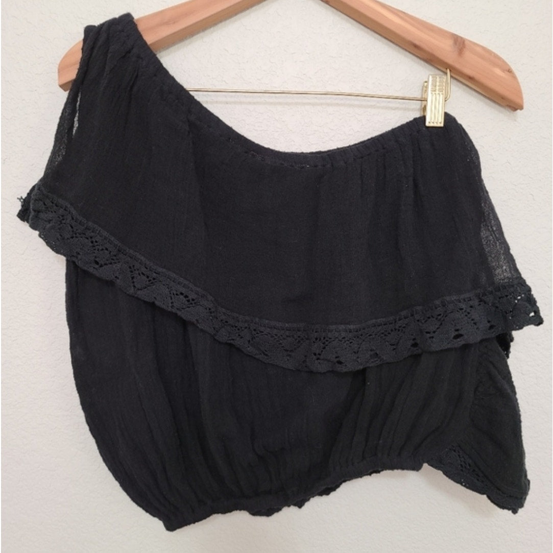 Free People Jen's Pirate Booty One Shoulder Banded Crop Top SMALL Black Free People