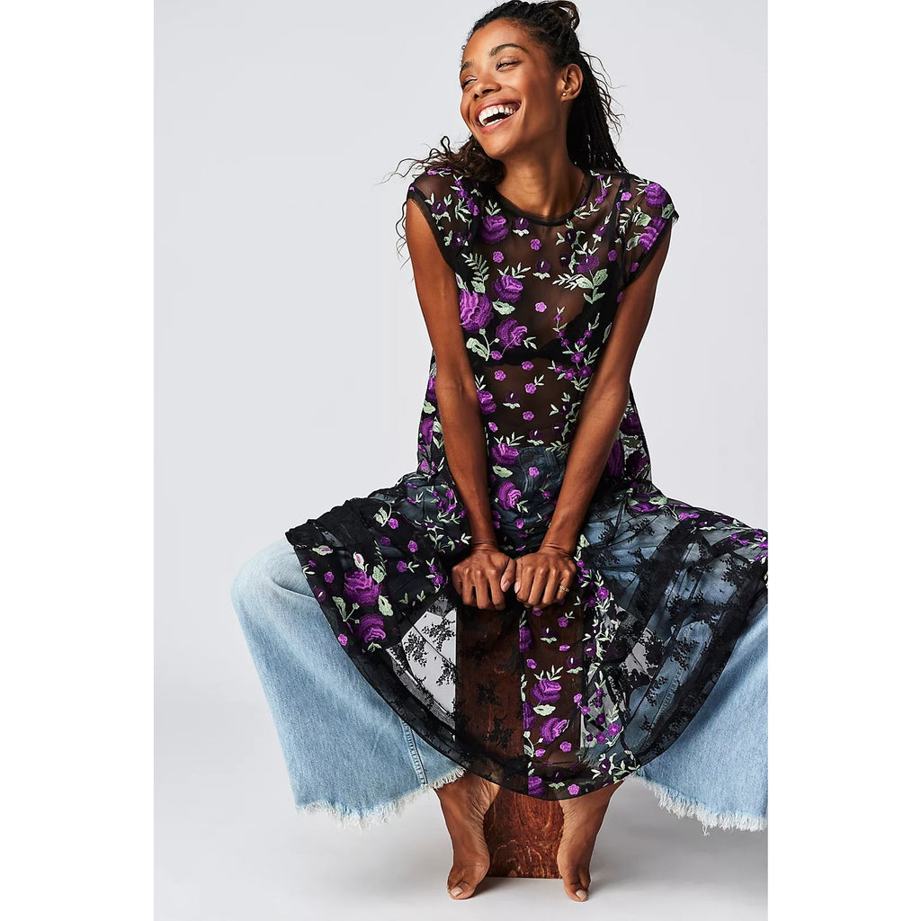 New Free People Sky Bright Floral Midi Dress $228 X-SMALL Black/Purple Sheer