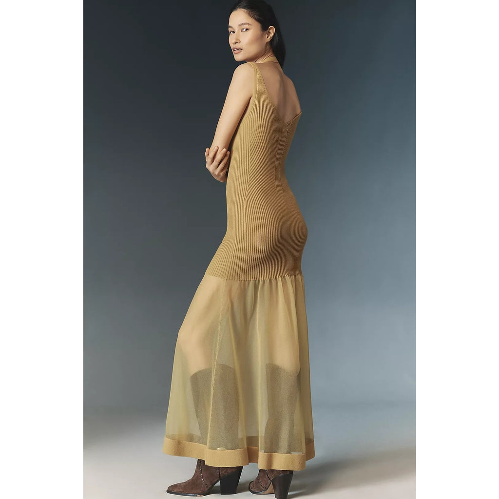 Anthropologie Sheer Panel Maxi Sweater Dress SLEEVELESS LARGE Gold Anthropologie