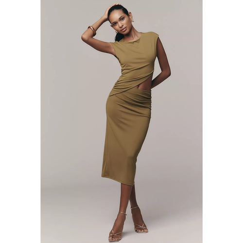 Sleeveless knit midi dress with waist cutout, olive green tone