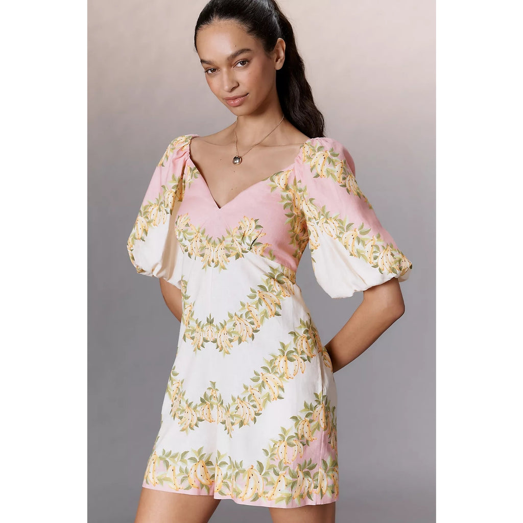 Farm Rio x Anthropologie V-Neck Puff-Sleeve Linen Blend Romper SMALL FARM Rio for Anthropologie