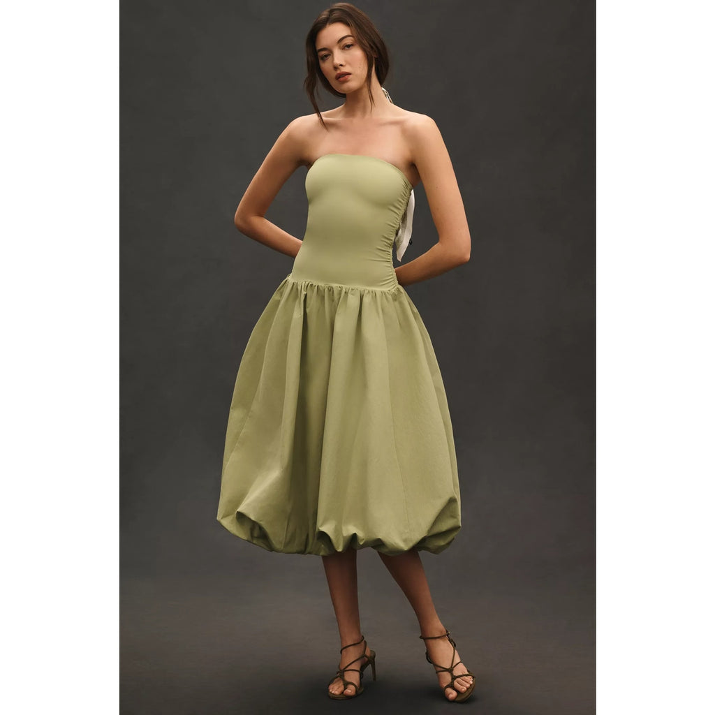 Anthropologie Mare Mare Strapless Drop-Waist Bubble Midi Dress XS Green Anthropologie