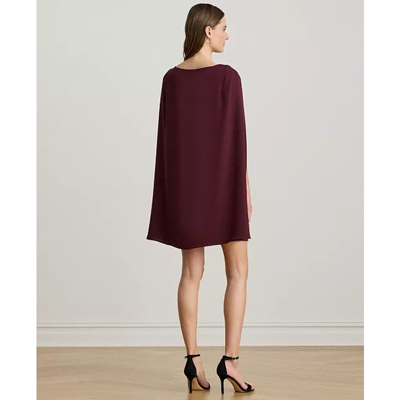 Dark garnet crew neck cocktail dress back view with cape detail