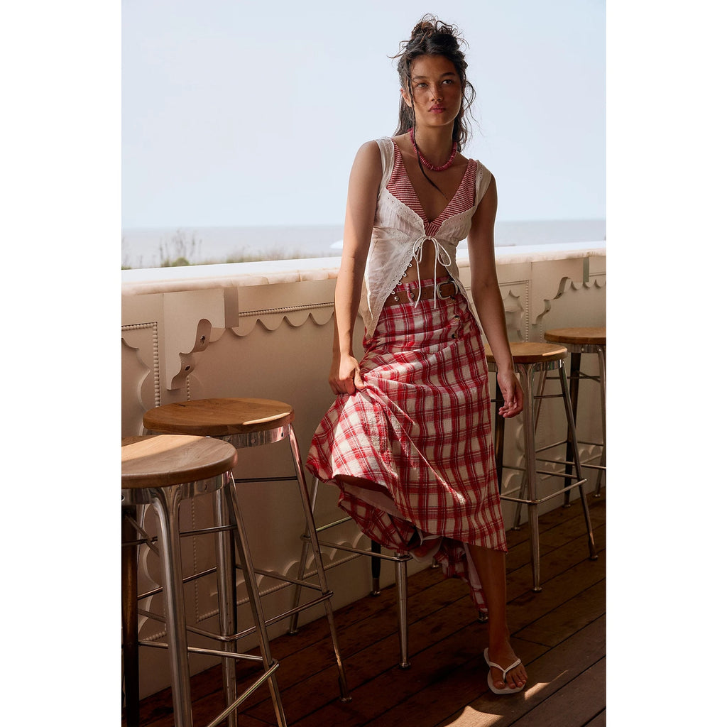FREE PEOPLE After You Set MAXI SKIRT + CROP TOP Set MEDIUM Red Plaid Free People