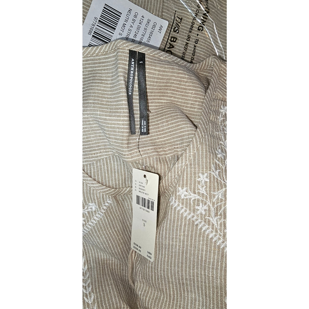 By Anthropologie Linen Blend Ruffle Jumpsuit SMALL Neutral PINSTRIPE Anthropologie