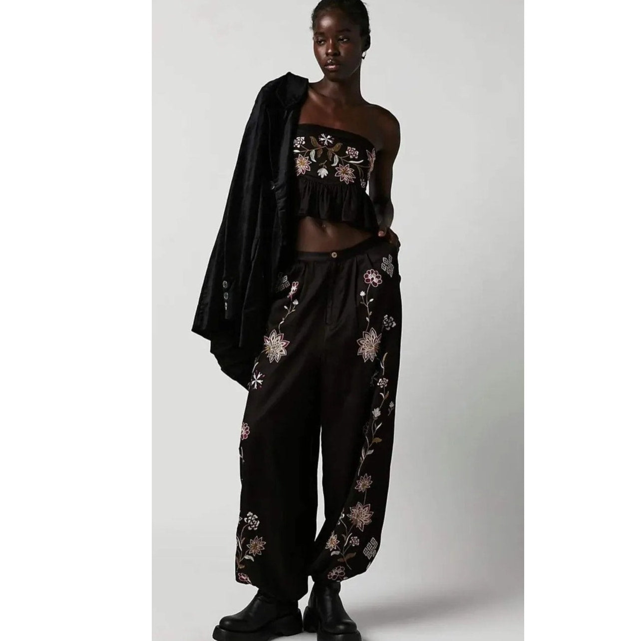 New Free People Harmoney Floral Embroidered Set $298 XS Black Crop Top & Pants