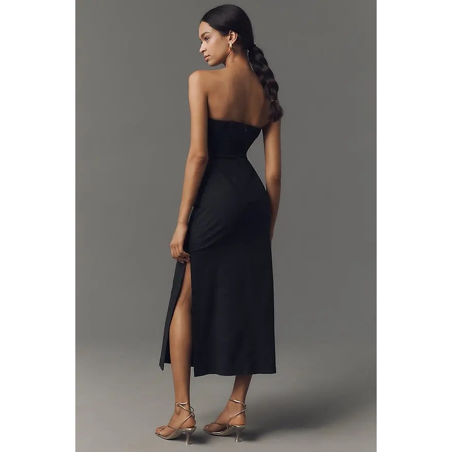 Anthropologie Strapless Linen Plunge-Neck Midi Dress Size 16 Black Anthropologie