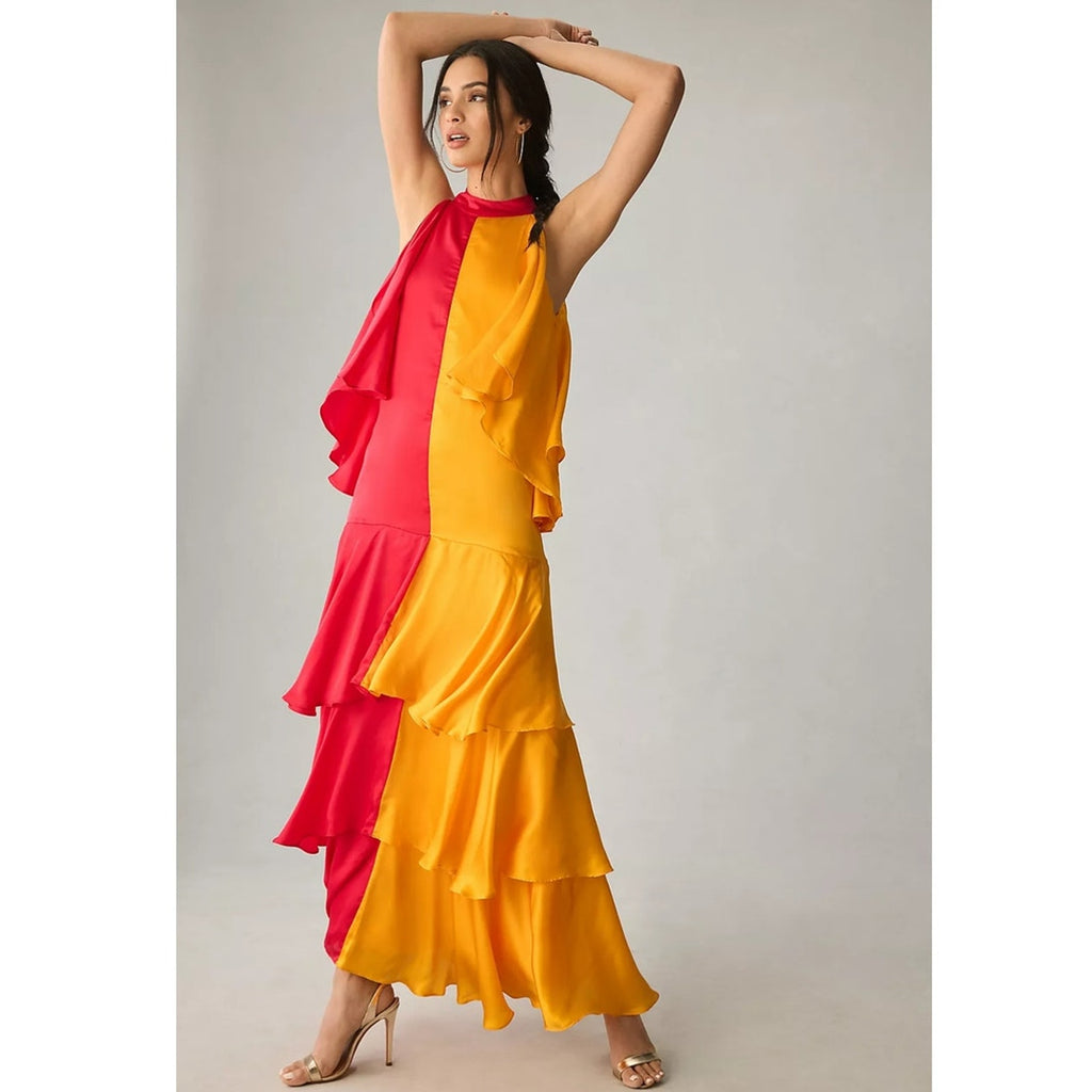 New Anthropologie x Pinnacle by Shruti Mock-Neck Colorblock Ruffle Dress $248 XS