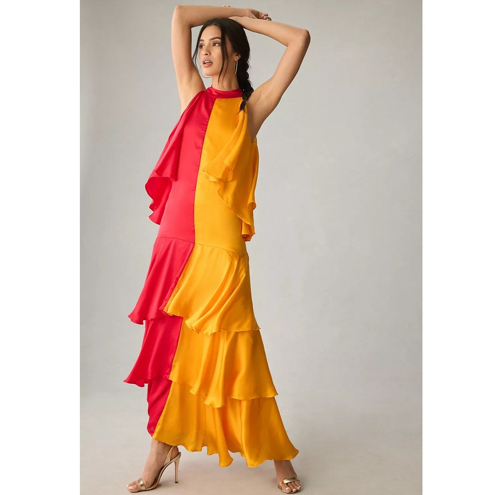 New Anthropologie x Pinnacle by Shruti Mock-Neck Colorblock Ruffle Dress $248 XS