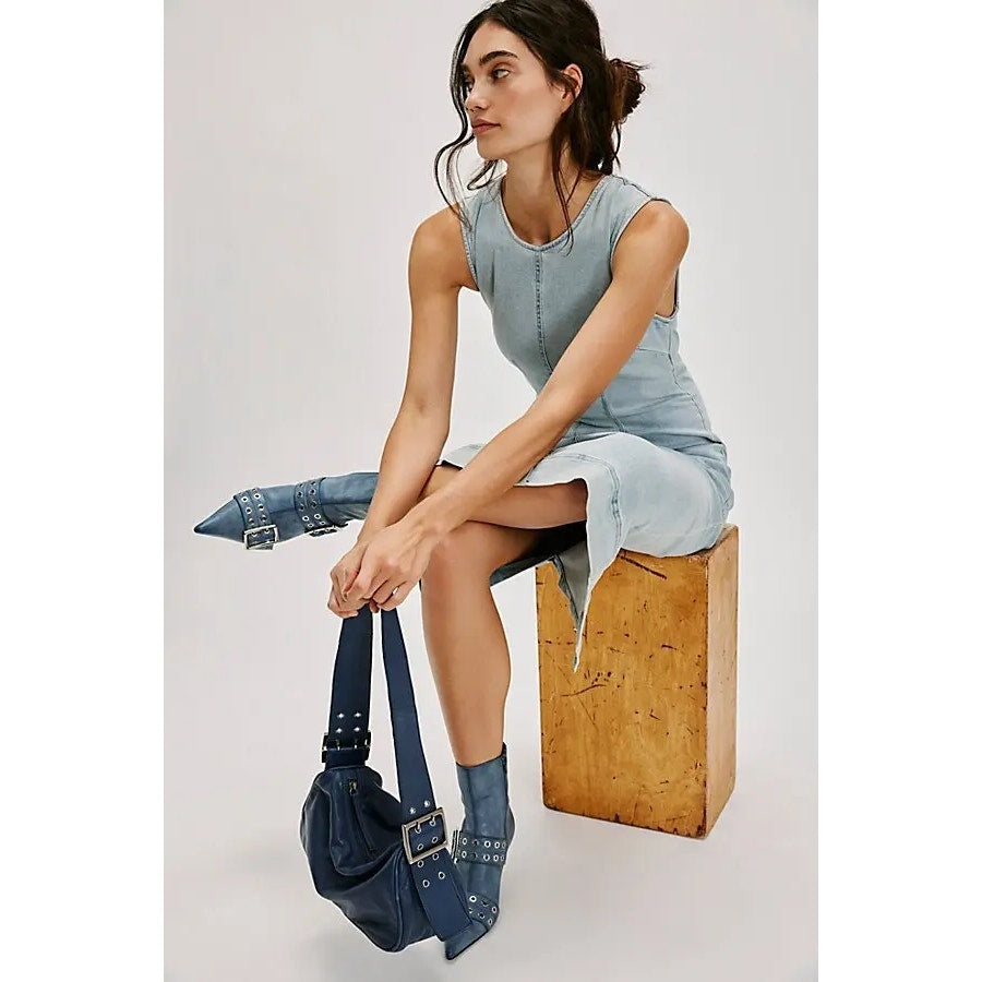 FREE PEOPLE Tell Me About It Midi Dress DENIM SIZE 6 Bleachout Slim Fit Free People