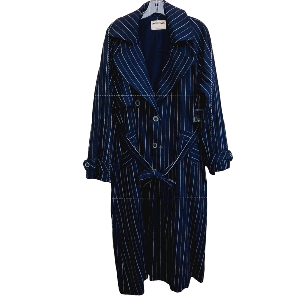 New Free People Melia Mac Coat WTF $228 LARGE Blue Striped Vintage-Inspired