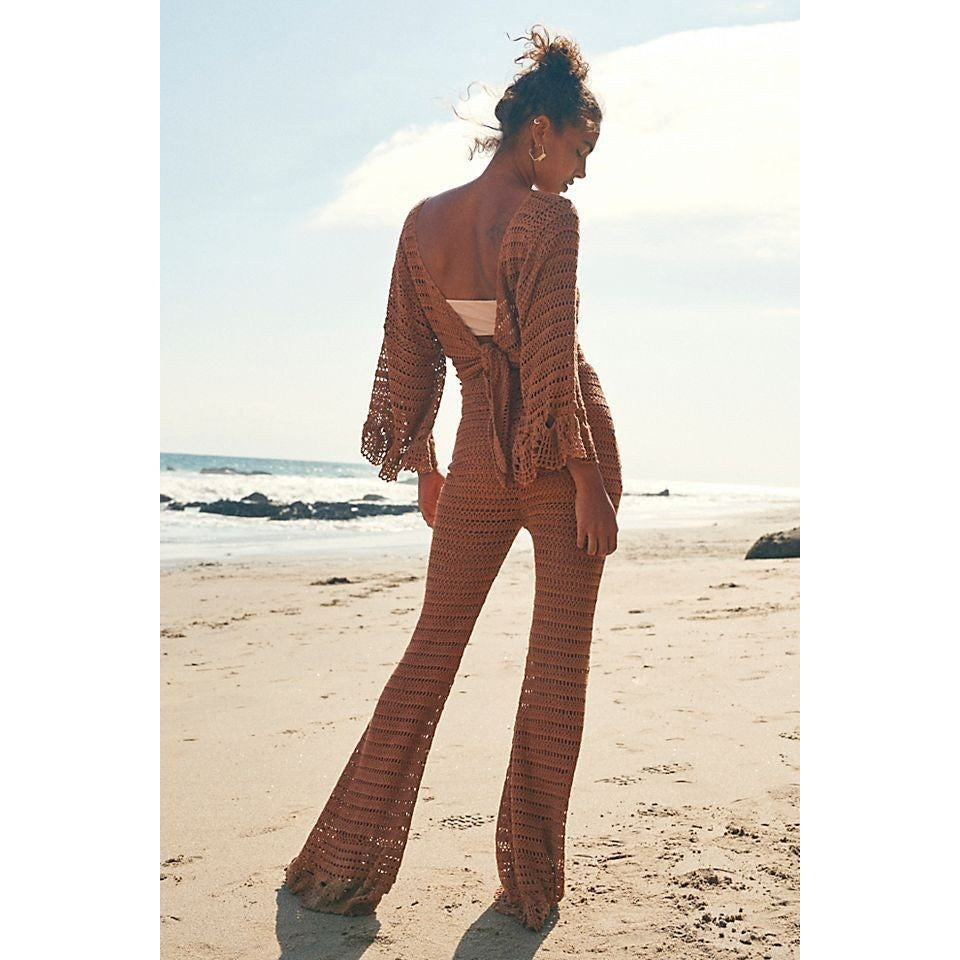 Free People Desert Roads Crochet Flare Jumpsuit MEDIUM Brown Lace Free People