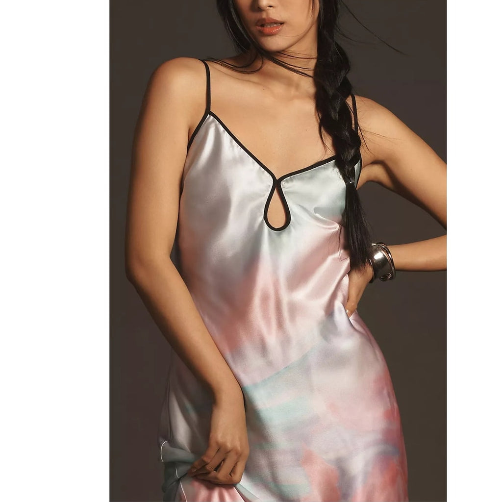 Anthropologie Geisha Designs Printed Slip Midi Dress $188 SMALL Pink SATIN