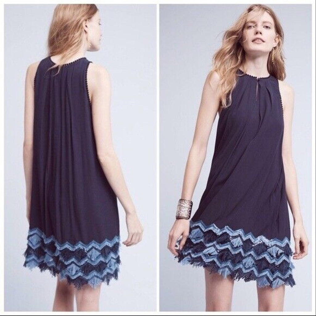 New Anthropologie x Maeve Festivity Fringe Swing Mini Dress $168 BLUE Sz 2