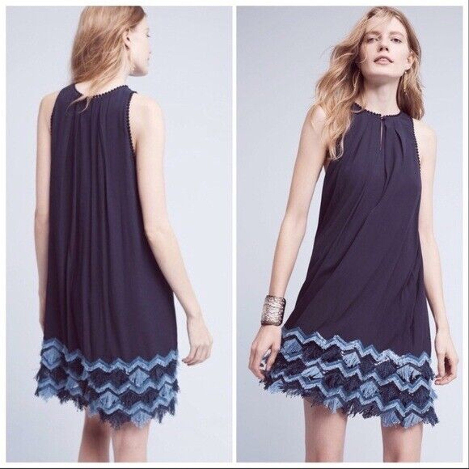 New Anthropologie x Maeve Festivity Fringe Swing Mini Dress $168 BLUE Sz 2