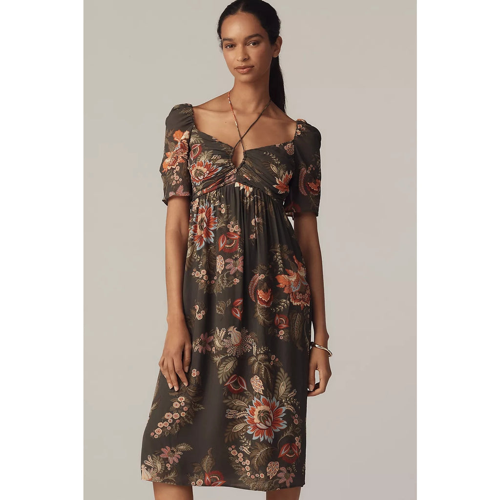 Farm Rio x Anthropologie Long-Sleeve Halter Midi Dress MEDIUM Green Anthropologie