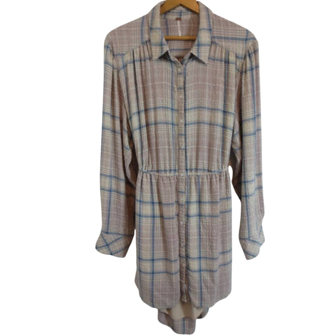 New Free People Elai Plaid Mini Shirtdress $148 X-SMALL Ivory Combo Long Sleeve
