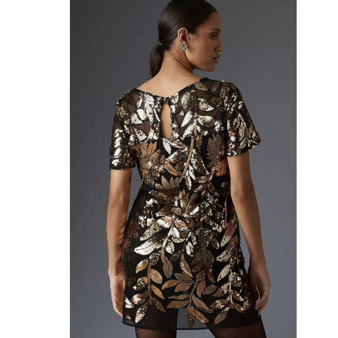New Anthropologie Maeve Short-Sleeve Sheer Embellished Mini Dress $248 X-SMALL