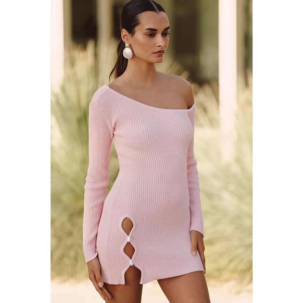 Anthropologie La Porte Minny Keyhole Dress LARGE Pink RIBBED KNIT Anthropologie
