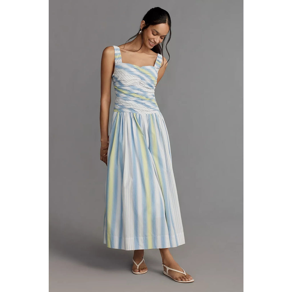 By Anthropologie Square-Neck Drop-Waist Maxi Dress MEDIUM Blue Anthropologie