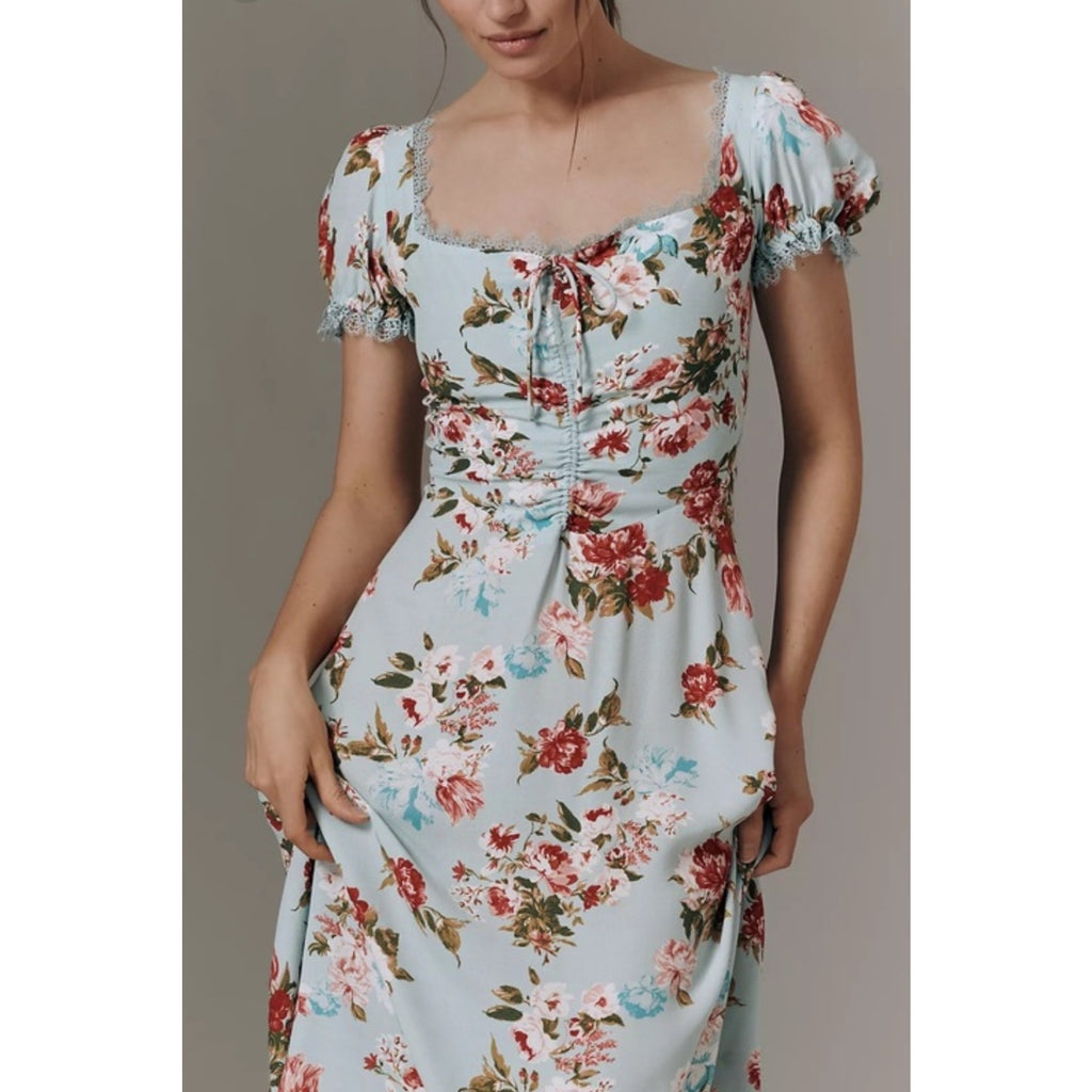 By Anthropologie Printed Midi Dress SMALL Light Blue Floral Anthropologie
