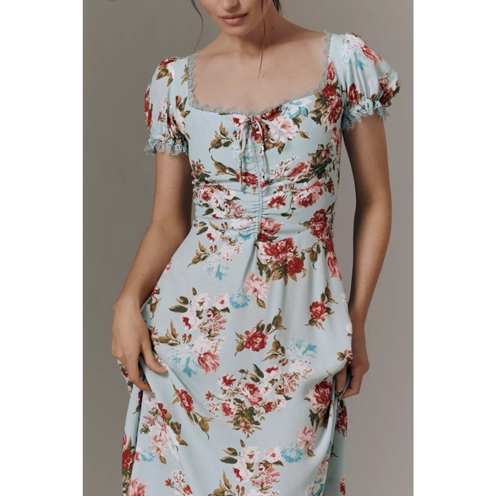 By Anthropologie Printed Midi Dress SMALL Light Blue Floral Anthropologie