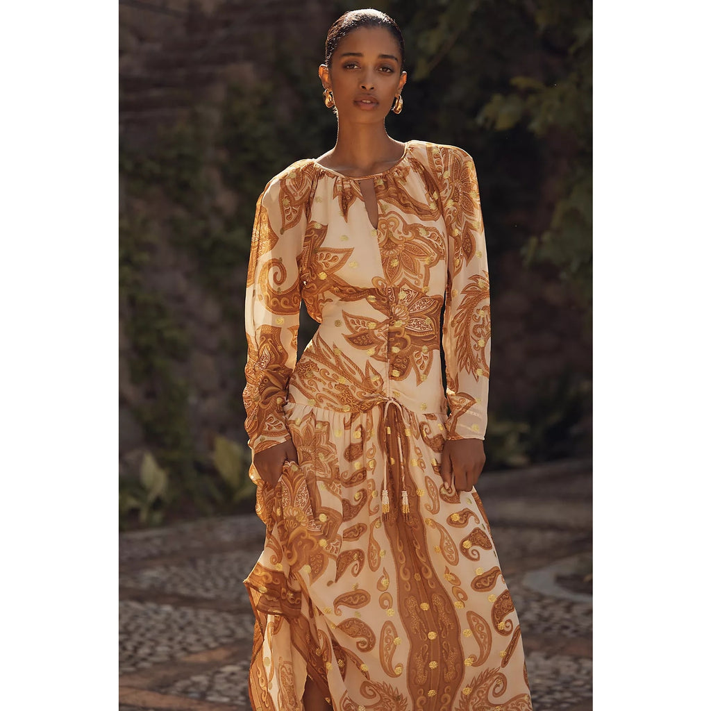 Farm Rio x Anthropologie Long-Sleeve Jacquard Maxi Dress X-LARGE Gold FARM Rio