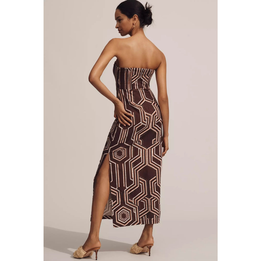 Anthropologie Strapless Linen Plunge-Neck Midi Dress $178 Size 16 Brown