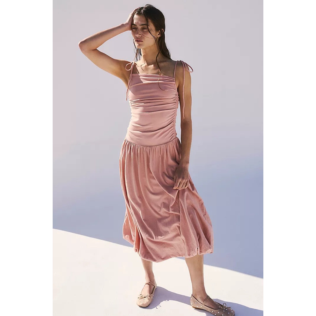 New FREE PEOPLE Beach Liza Drop-Waist Midi Dress $78 MEDIUM Tuscany Ruched