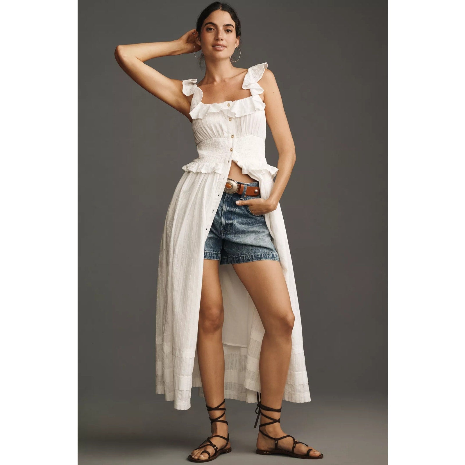Anthropologie Pilcro Ruffled Smocked-Waist Button-Front Midi Dress L White Anthropologie