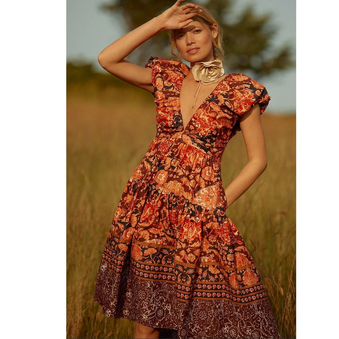 New By Anthropologie Printed V-Neck Babydoll Dress $170 SIZE 6 Red Floral
