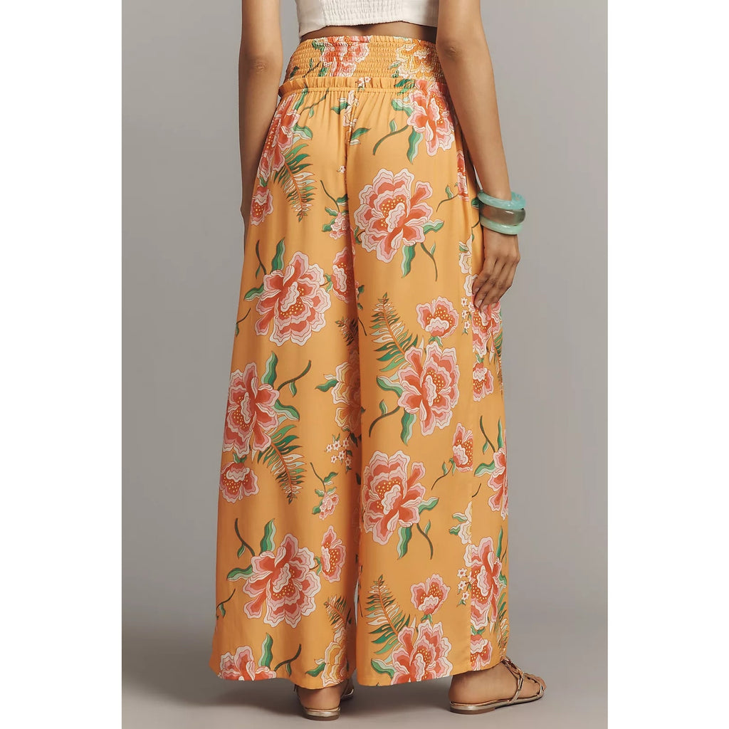 Farm Rio x Anthropologie Smocked Floral Wide-Leg Pants X-SMALL Orange Anthropologie