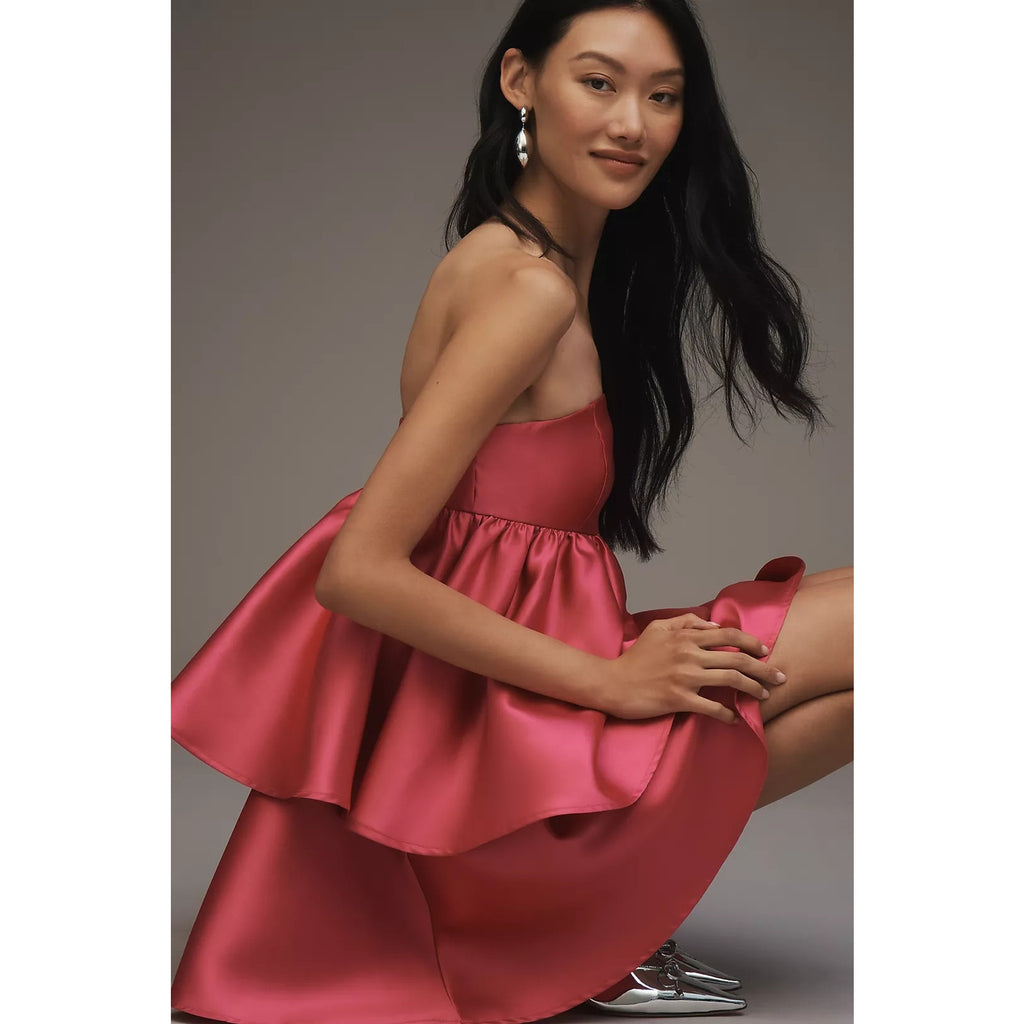 Anthropologie Hutch Strapless Tiered Mini Dress SATIN MEDIUM Pink Anthropologie